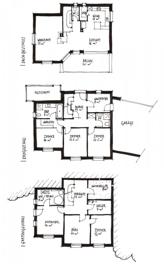 Grundrisse: Gartengeschoss, Erdgeschoss, Dachgeschoss